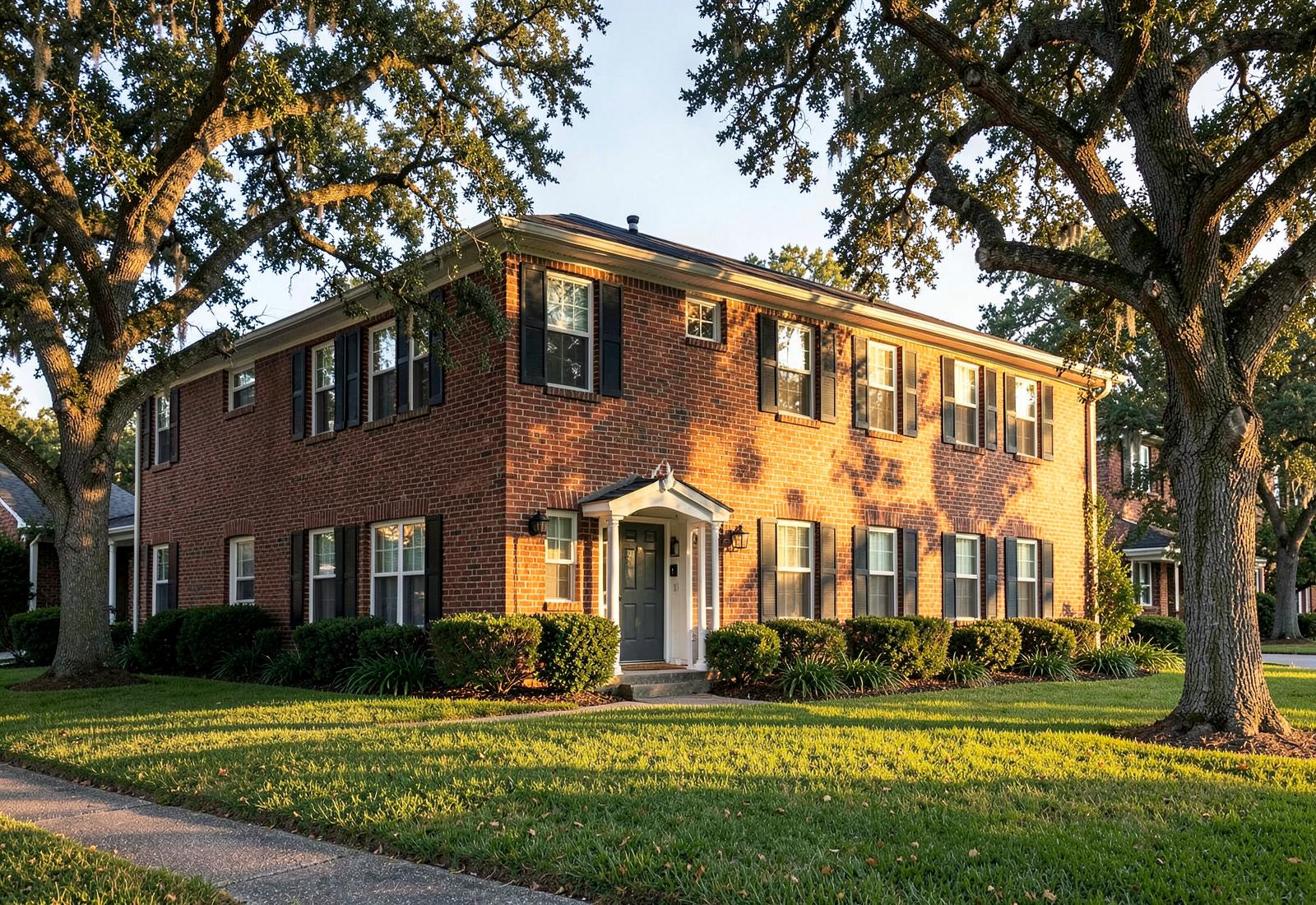 Red brick garden-style apartment building with mature oak trees in warm afternoon light