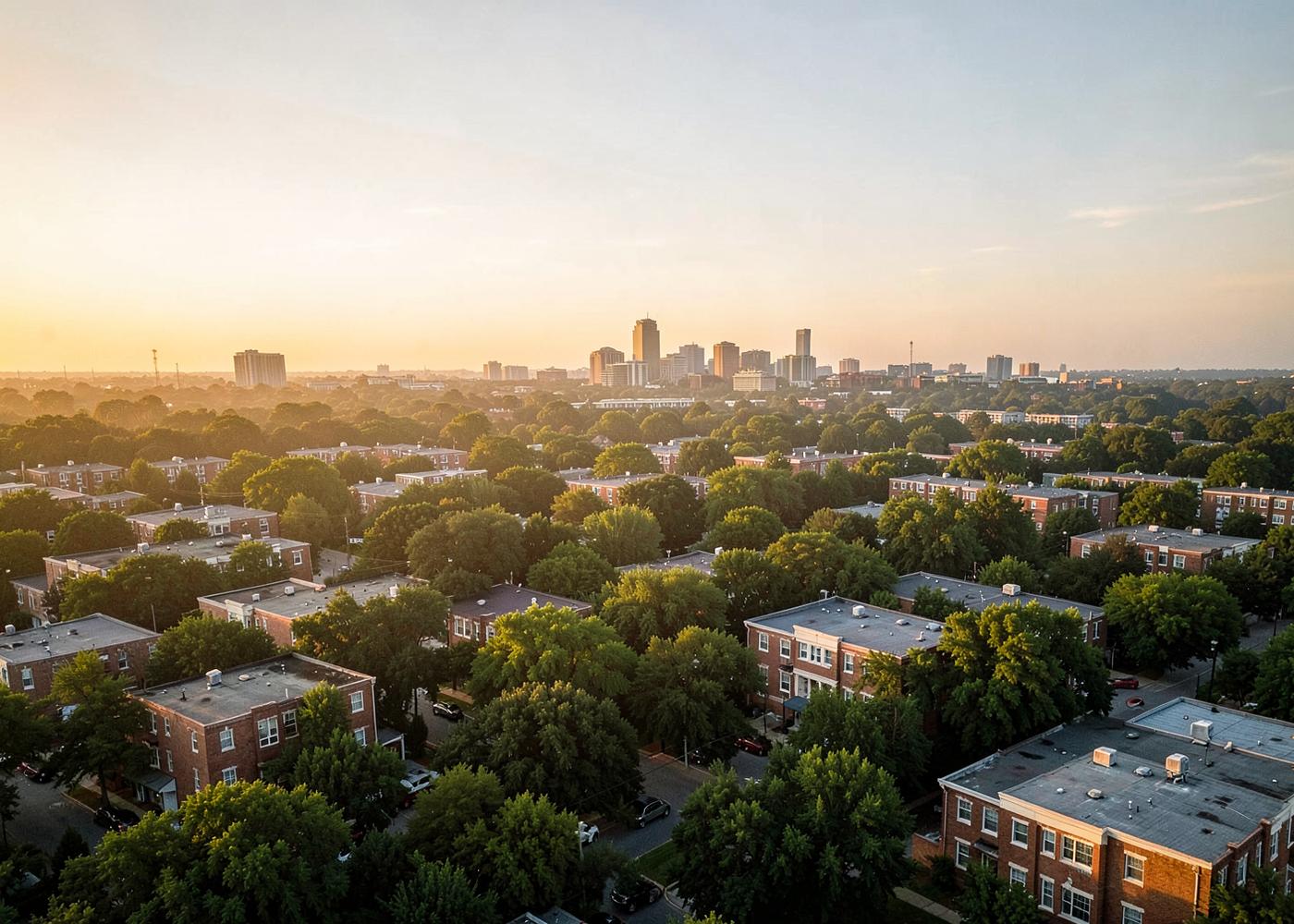 Aerial view of brick apartment neighbourhoods with the Charlotte skyline at golden hour
