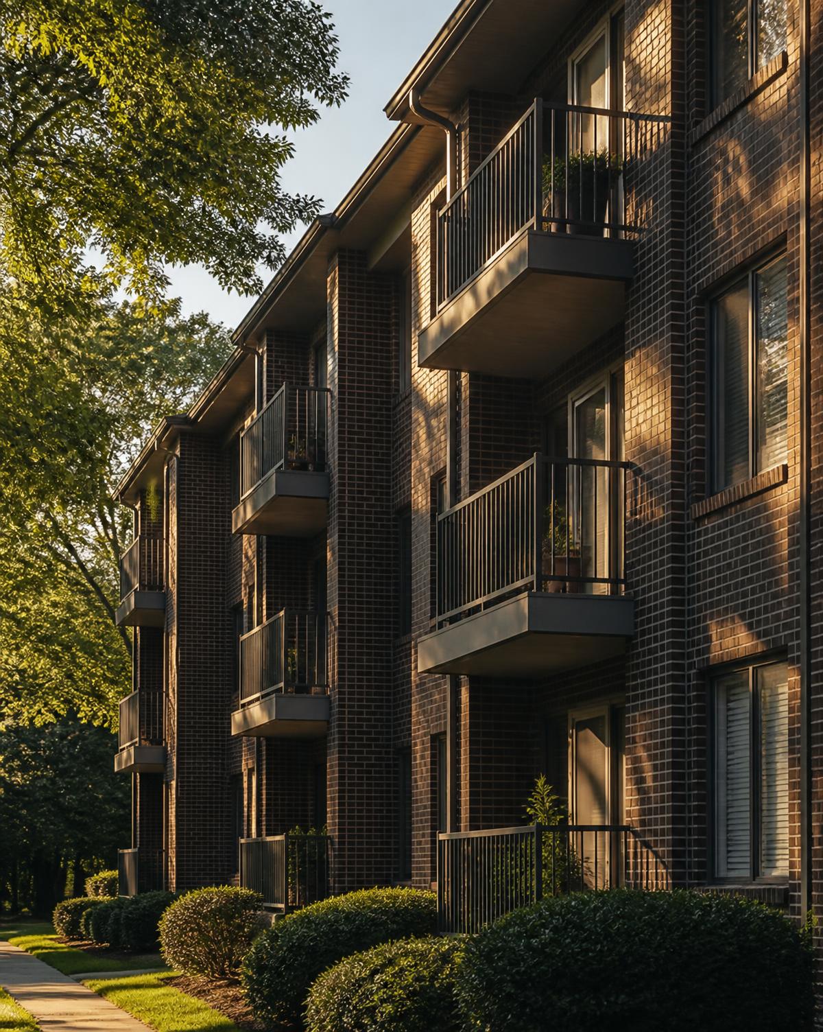 Brick apartment balconies and landscaped grounds in warm evening light